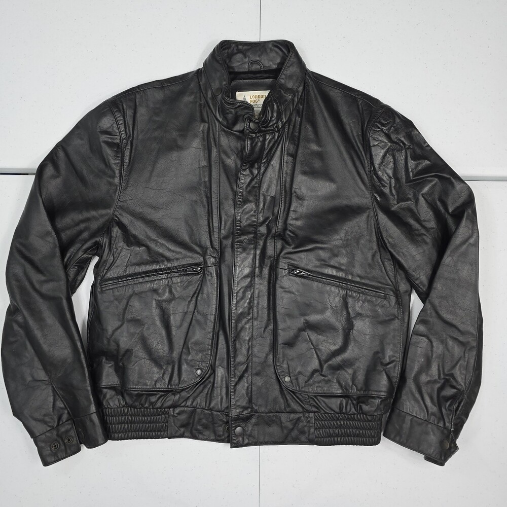 Vintage LONDON FOG Men 44 Regular L Black Leather Bomber Jacket